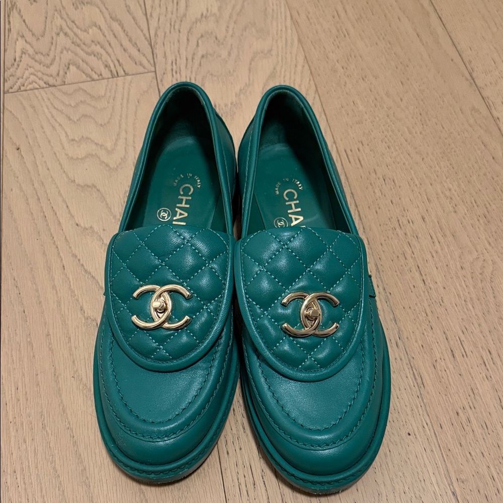 Chanel Turquoise Loafers with Gold Emblem